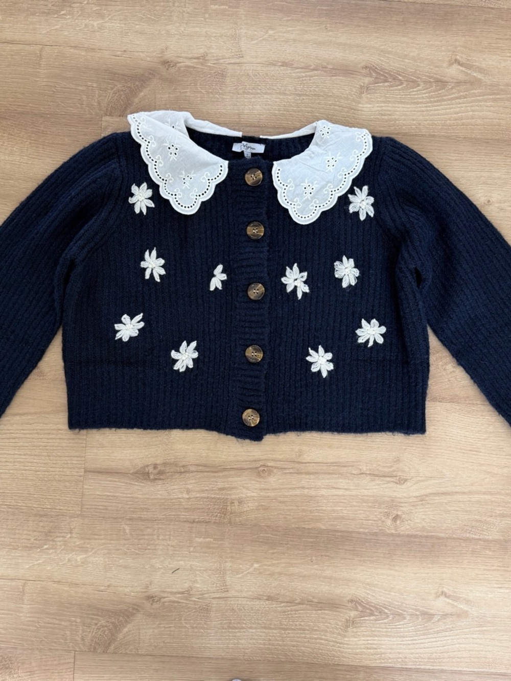 Polagram Navy Sweater with White Embroidered Flowers and Eyelet Collar
